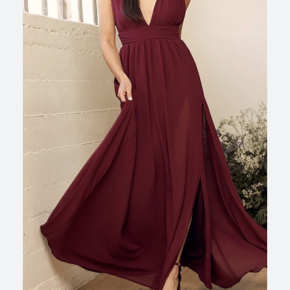 Lulu's Red Pleated Maxi Gown Plunge Neckline